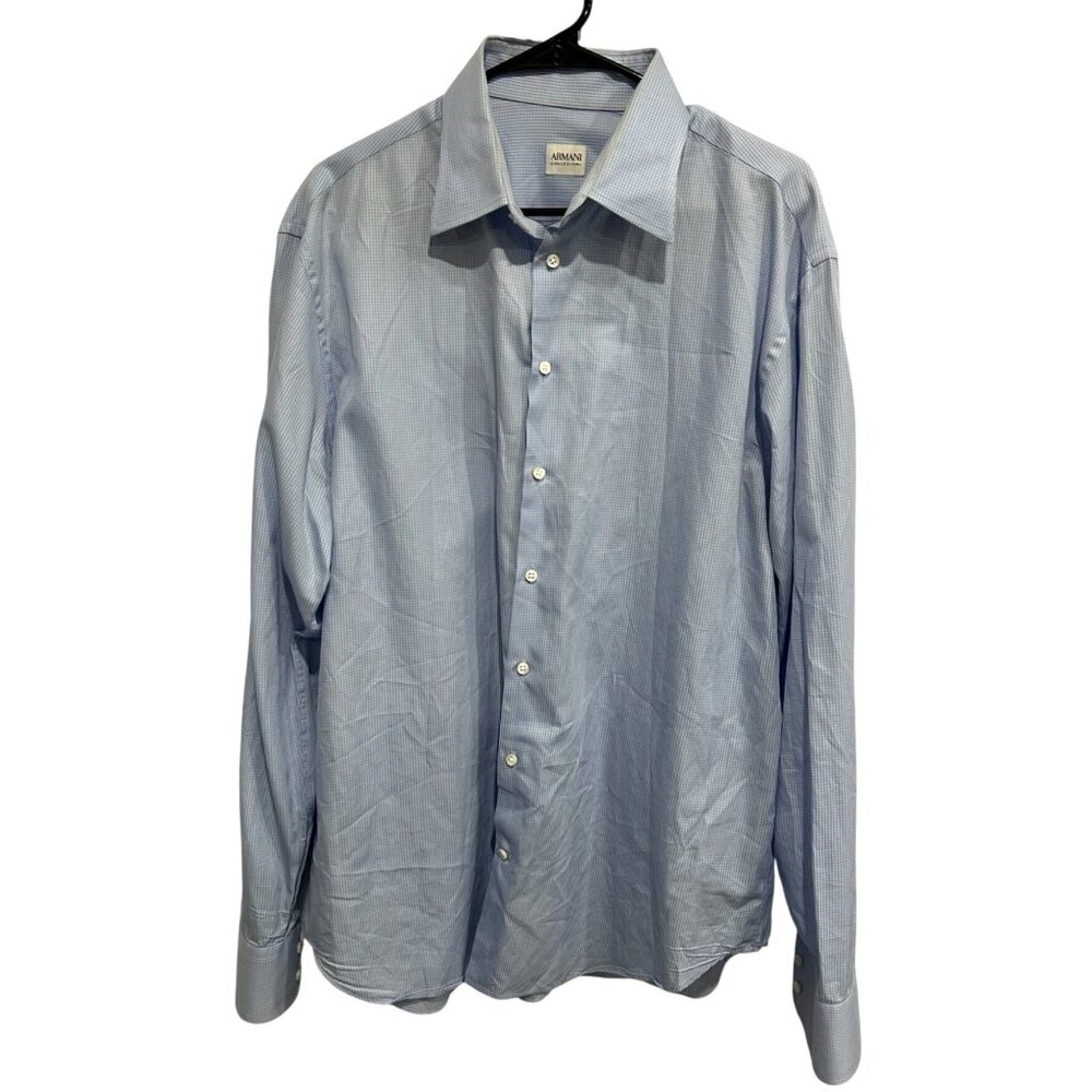 Armani Collezioni Light Blue Checkered Long-Sleeve Button-Up Dress Shirt Size L